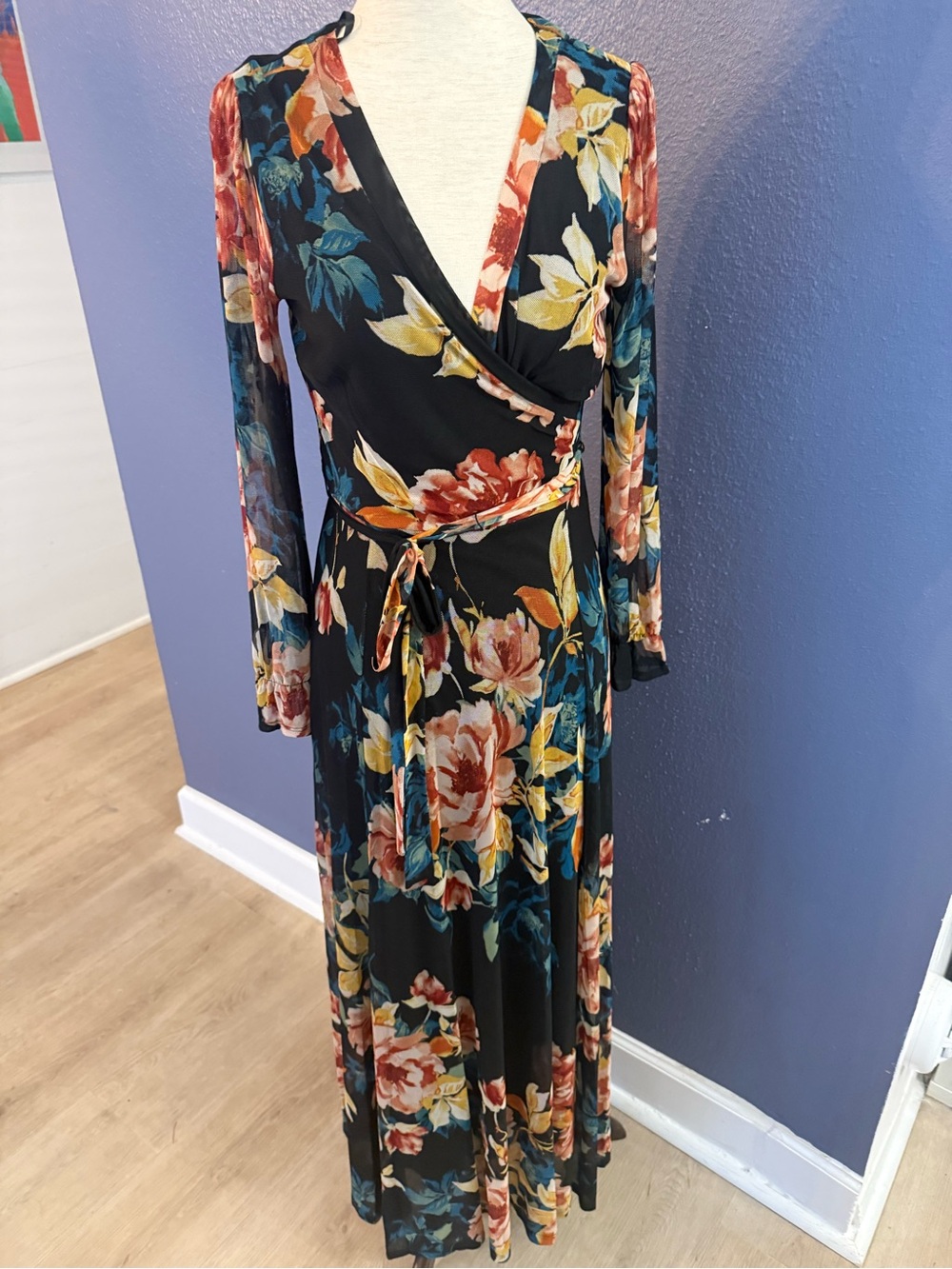 Black Floral Wrap Maxi Dress with Tie Waist